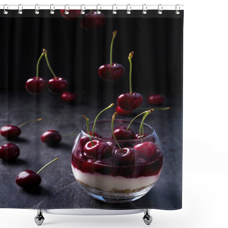 Personality  Layerd Cherry Cheesecake In A Glass. Dessert Made Of Bisquits, Ricotta, Cream, Cherry Jelly And Fresh Fruits. Dark Moody Photo. Shower Curtains