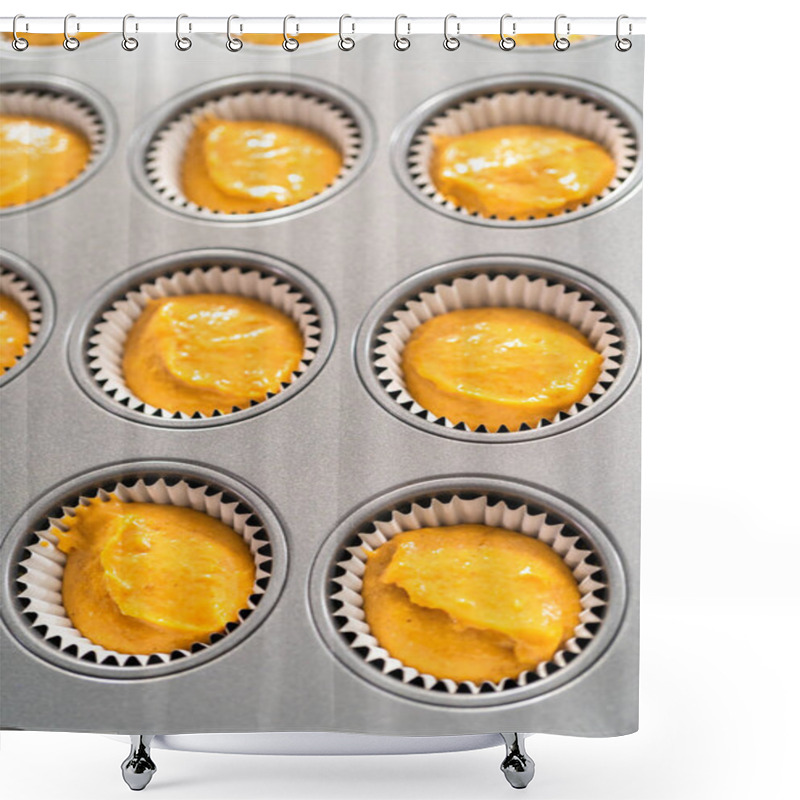 Personality  Pumpkin Spice Cupcake Batter In A Cupcake Pan With Liners. Shower Curtains