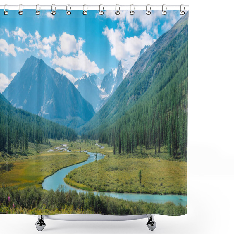 Personality  Serpentine River In Valley Before Beautiful Glacier. Snowy Rocks Behind Mountains With Conifer Forest. Huge Clouds On Giant Snowy Mountain Top Under Blue Sky. Atmospheric Landscape Of Highland Nature. Shower Curtains