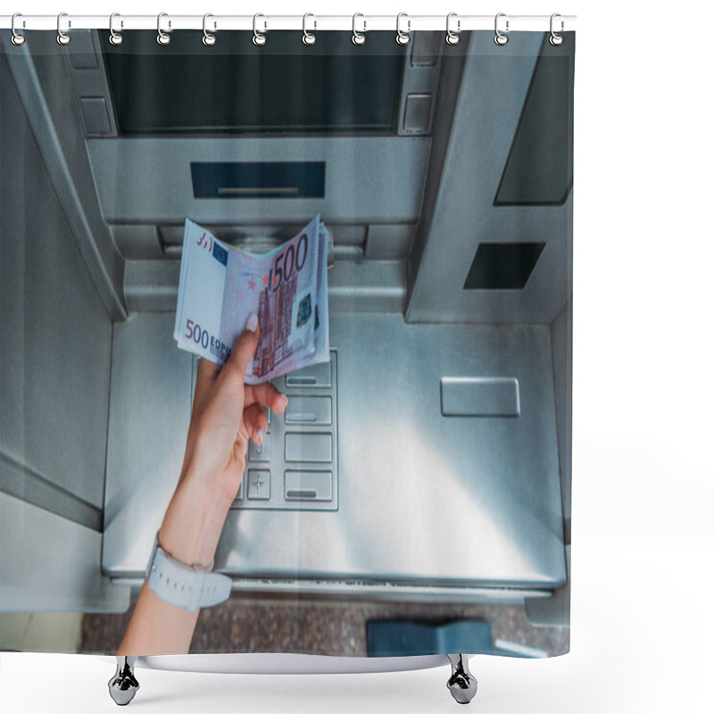 Personality  Top View Of Woman Taking Money From Atm Machine  Shower Curtains