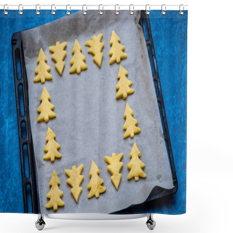 Personality  Christmas Baking. Making Gingerbread Biscuits. Cookie Dough In Heart And Star Shape On Kitchen Counter. Top View. Shower Curtains