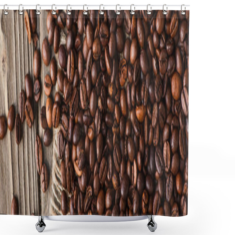 Personality  Top View Of Coffee Beans Scattered On Burlap On Wooden Surface, Panoramic Shot Shower Curtains