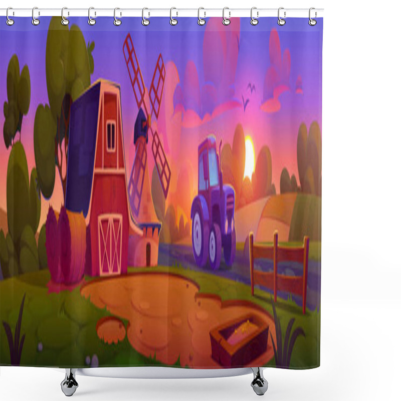 Personality  Cartoon Farm Landscape On Sunset Or Sunrise With Barn, Wind Mill And Tractor Standing On Field. Vector Illustration Of Rural Agriculture House And Equipment In Ranch Scenery Under Pink Gradient Sky. Shower Curtains