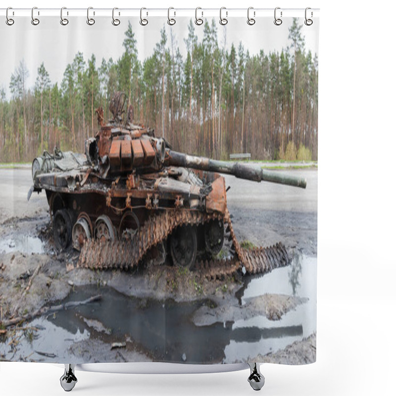 Personality  Russian Battle Tank Which Was Destroyed On The Roadside Of Highway During Hostilities In Russian Invasion Of Ukraine, 2022, Side Panoramic View Shower Curtains