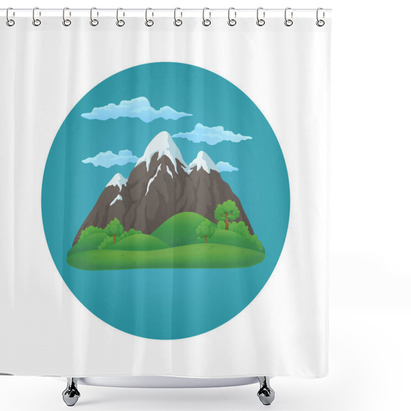 Personality  Summer, Spring Day Vector Icon. Broad Snowy Mountain With Three Peaks With Green Hills, Lush Green Trees And Bushes On A Blue Circle With Clouds. Shower Curtains