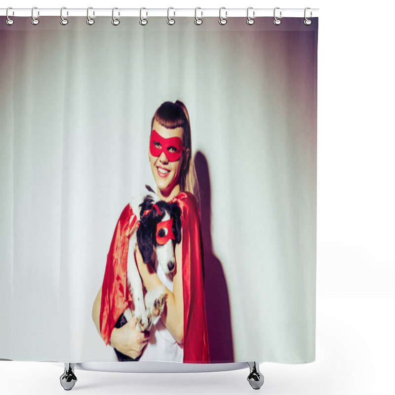 Personality  Portrait Of Smiling Woman Holding Puppy In Superhero Costume Shower Curtains