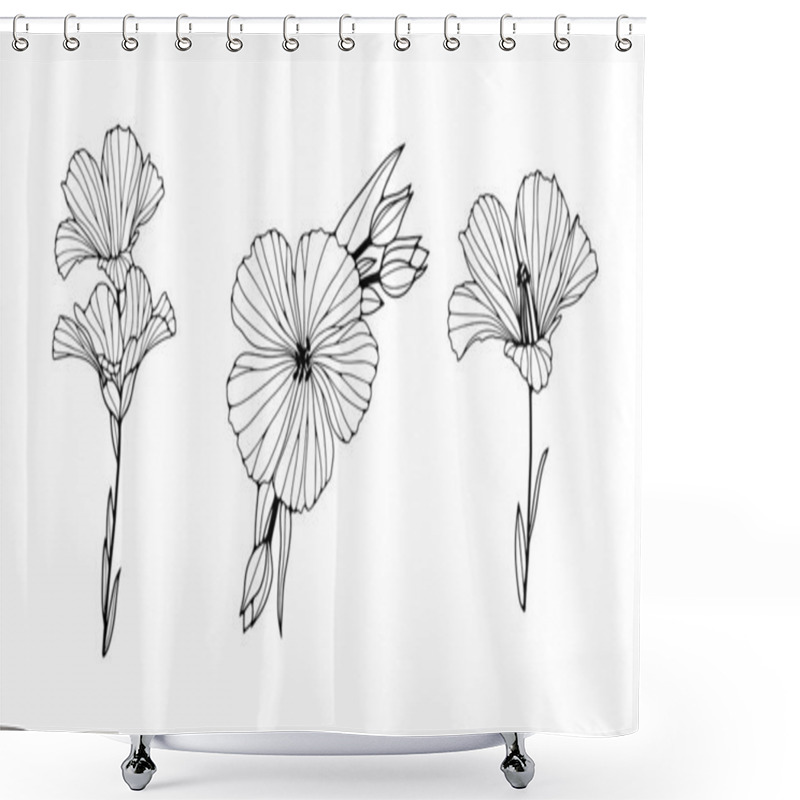 Personality  Set Of Flax Flowers Line Art Drawings. Editable Line. Black And White Monochrome Art. Modern Ink Style Sketch. Vector Illustrations. Shower Curtains