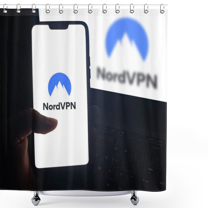 Personality  Man Browsing With NordVPN On The Smartphone, Editorial Tech Backdrop Shower Curtains