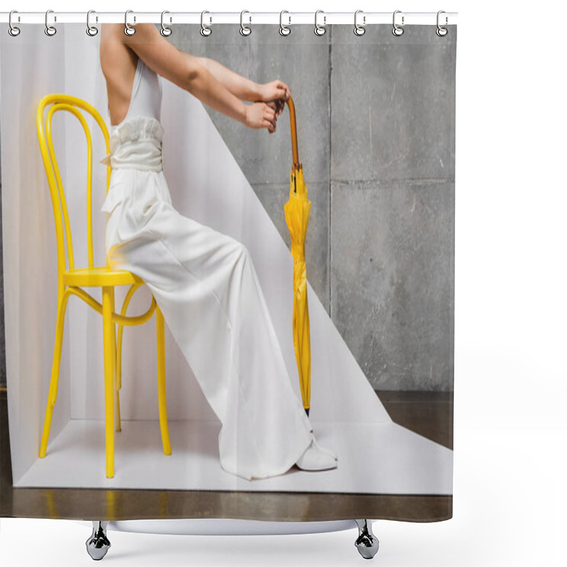 Personality  Cropped View Of Woman Sitting On Yellow Chair And Holding Umbrella On White And Grey  Shower Curtains