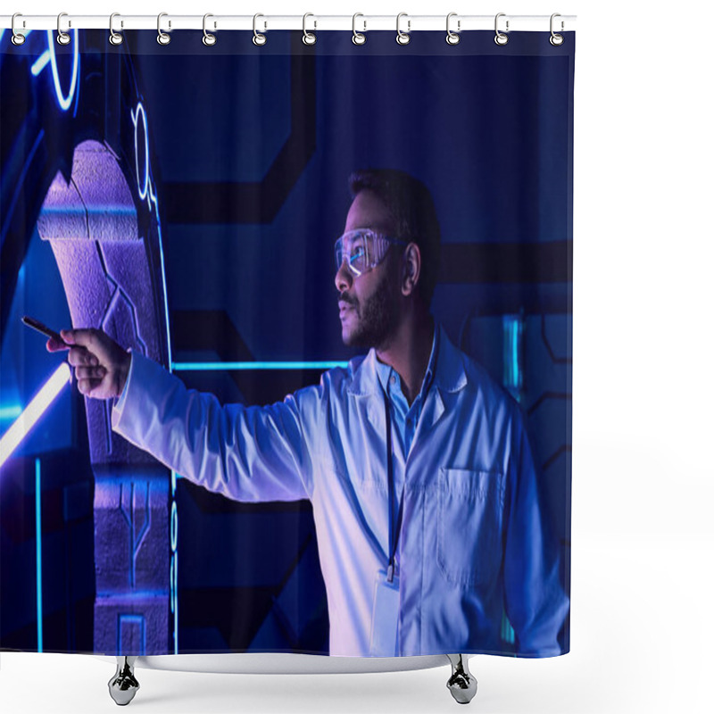 Personality  Futuristic Concept, Indian Scientist In Goggles Pointing With Pen At New Device In Science Center Shower Curtains