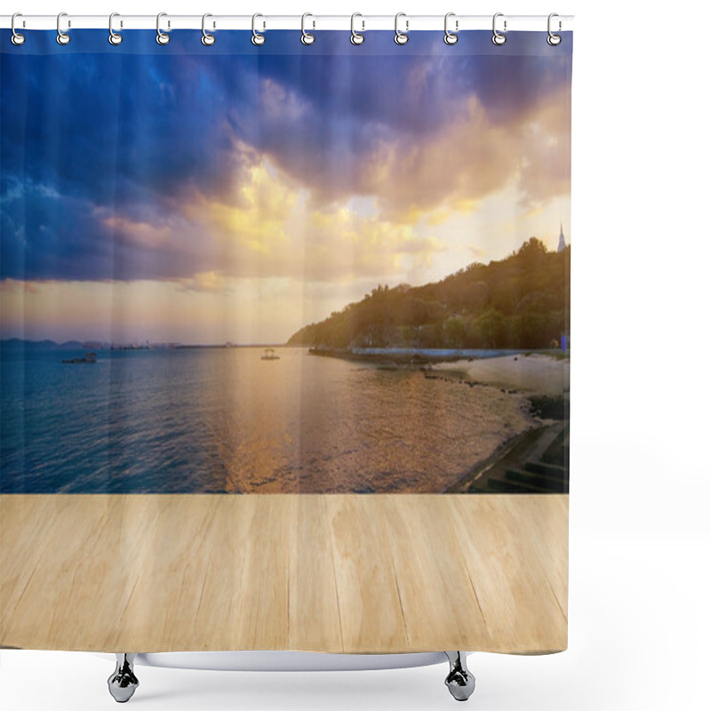 Personality  Wood Floor With Background Of Sea View At Sunset Shower Curtains