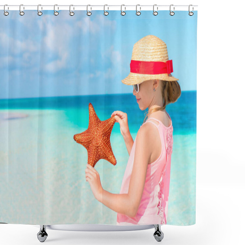 Personality  Adorable Girl With Starfish On The Beach. Closeup Starfish In The Hands Of A Little Girl Shower Curtains