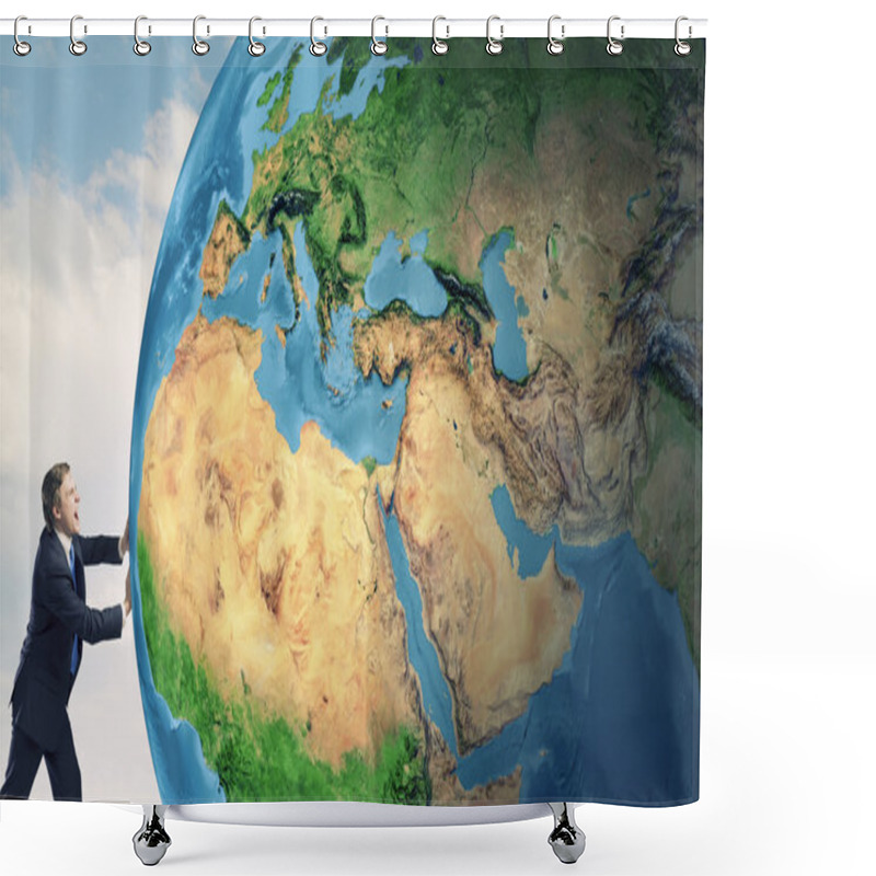 Personality  Businessman Pushing Big Earth Planet Shower Curtains