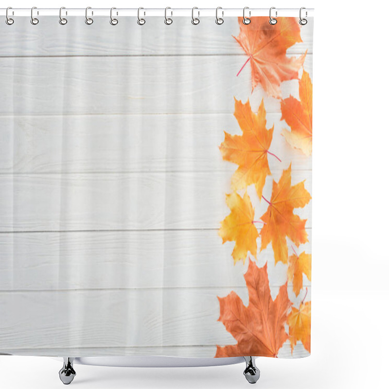 Personality  Top View Of Autumnal Maple Leaves On One Side Of Wooden Surface Shower Curtains