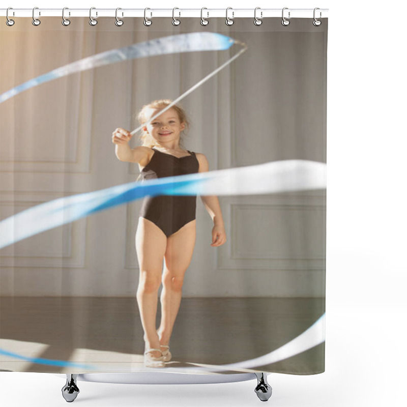 Personality  Happy Little Girl Gymnast Does Exercises With A Gymnastic Ribbon. Exercises In The Gym. Shower Curtains