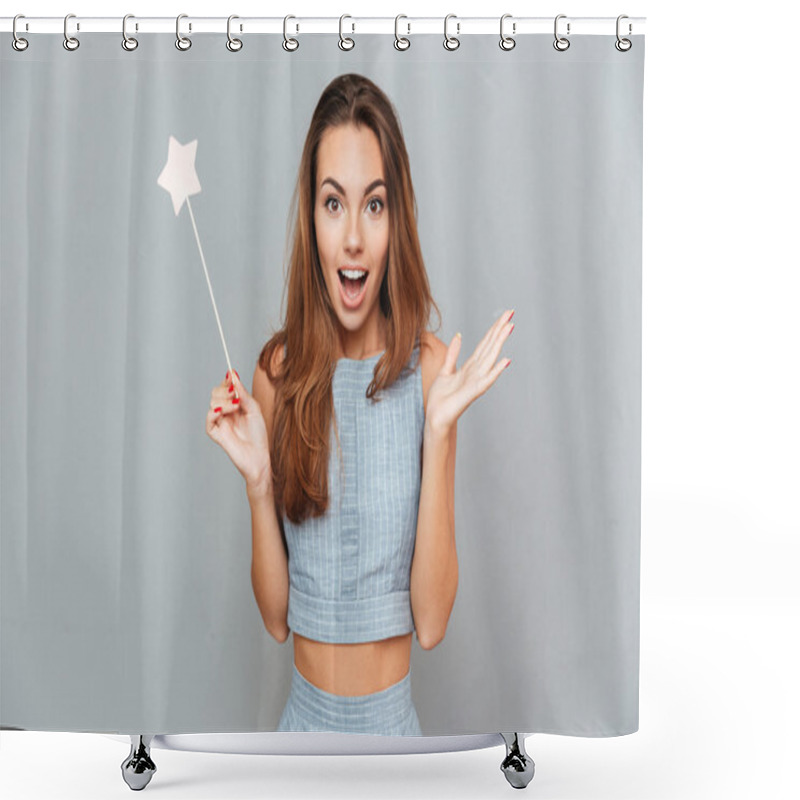 Personality  Surprised Excited Young Woman With Magic Wand Shower Curtains