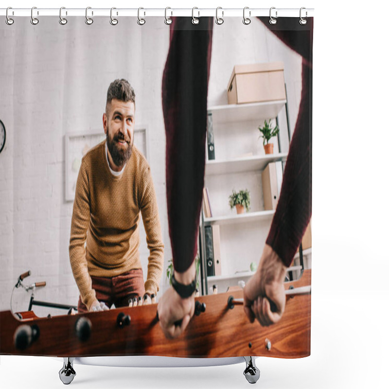 Personality  Smiling Adult Man Playing Table Football Game With Friend At Home Shower Curtains