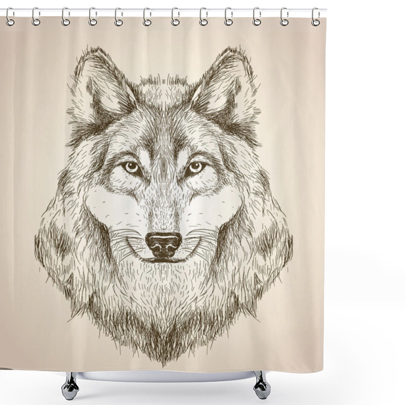 Personality  Vector Sketch Illustration Of A Wolf Head Front View. Shower Curtains