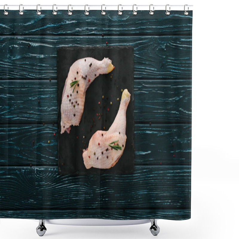 Personality  Top View Of Chicken Legs With Pepper Corns On Black Slate Shower Curtains