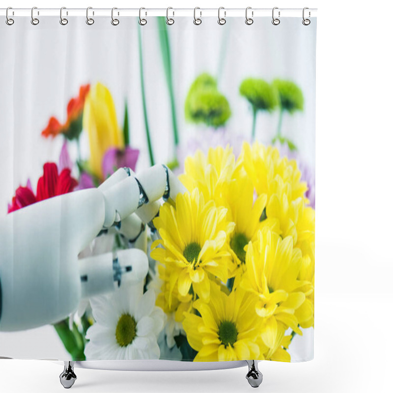 Personality  Close-up View Of Hand Of Robot And Beautiful Flowers On White Shower Curtains