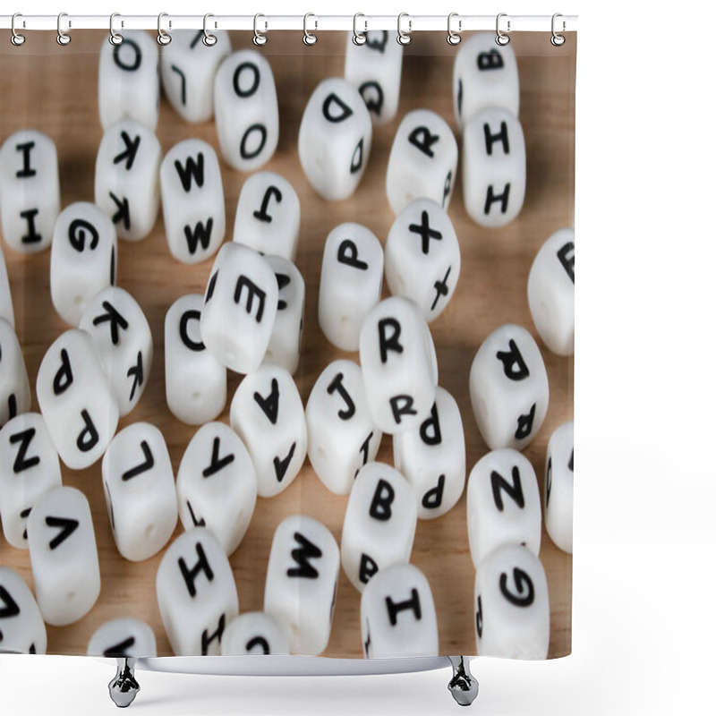 Personality  Text Dice Cube Concept / Letter Dices Alphabet On Wooden Background. Block Of Alphabet Studded On The Floor. Shower Curtains