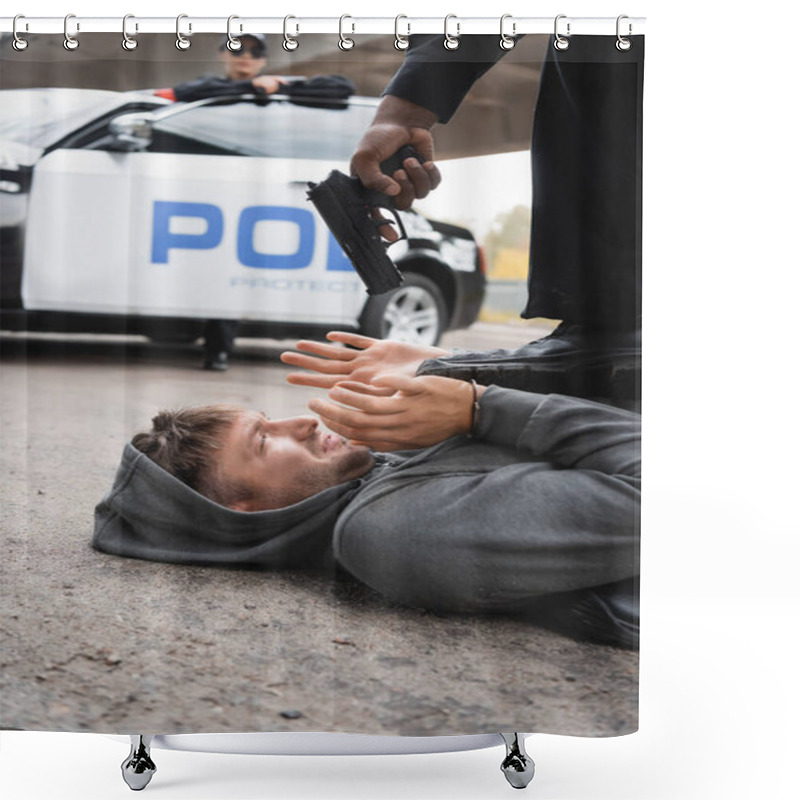 Personality  African American Police Officer Aiming With Pistol At Scared Offender Lying On Street With Blurred Patrol Car On Background Shower Curtains