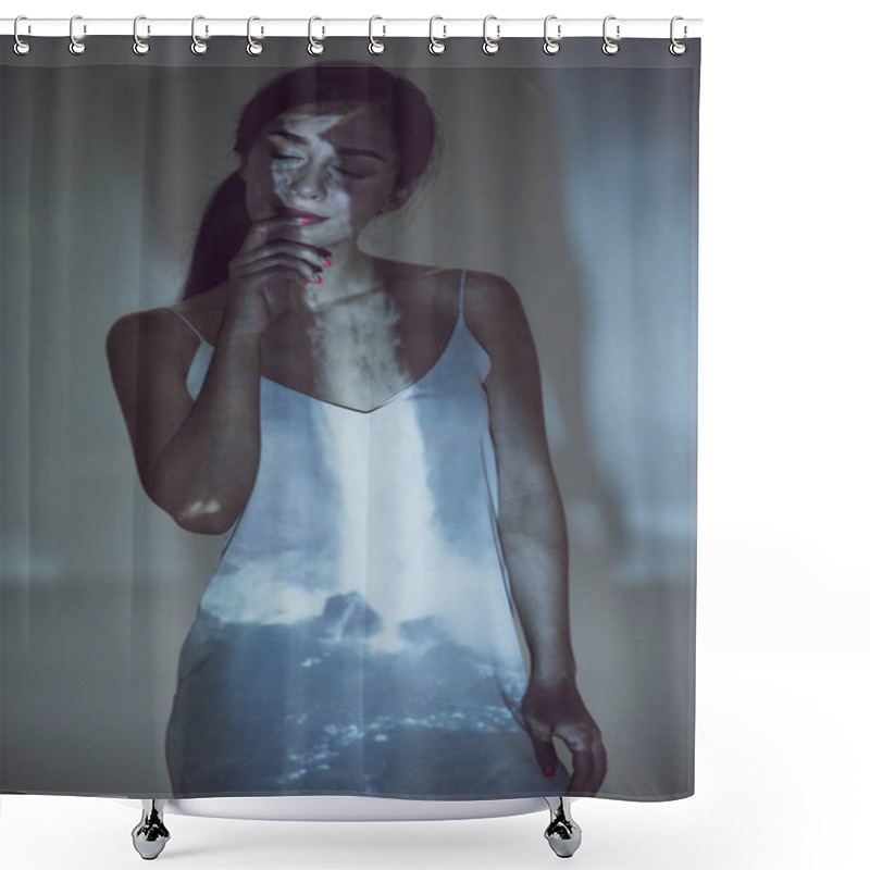 Personality  Beautiful Woman Standing In Darkness With Closed Eyes In Pose Shower Curtains