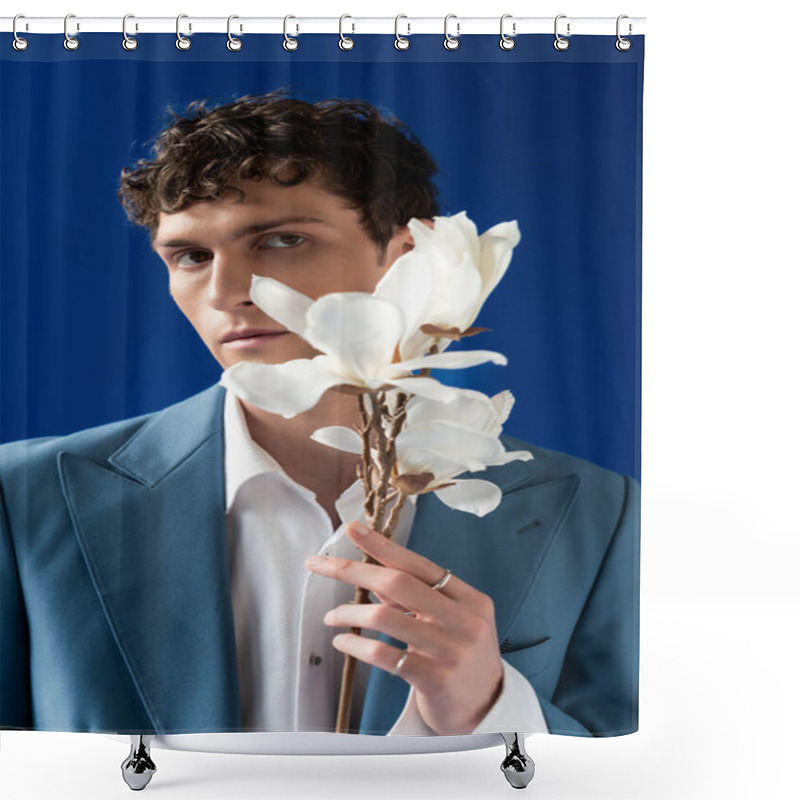 Personality  Trendy Young Man In Jacket And Shirt Holding Magnolia Flowers Isolated On Blue  Shower Curtains