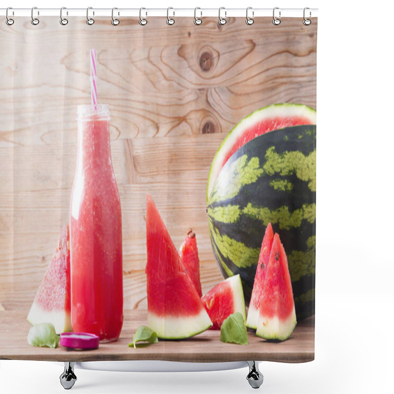 Personality  Fresh Watermelon Smoothie In The Mason Jar On Wooden Background. Summer, Healthy Organic Food Concept. Shower Curtains