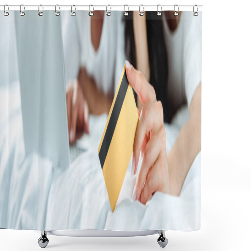 Personality  Selective Focus Of Woman Holding Credit Card Near Man With Laptop, Panoramic Shot Shower Curtains