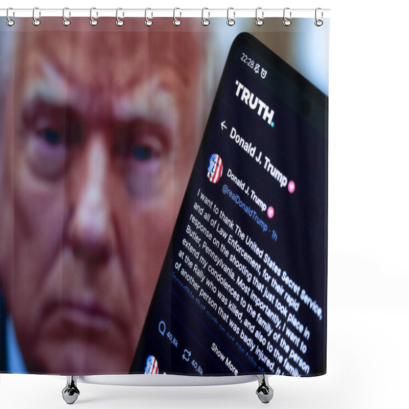 Personality  July 13, 2024, Paraguay. In This Photo Illustration, The Official Profile Of The Former President Of The United States On The Social Network Truth. The Presidential Candidate Was The Victim Of A Shooting Attack During His Campaign Speech Shower Curtains