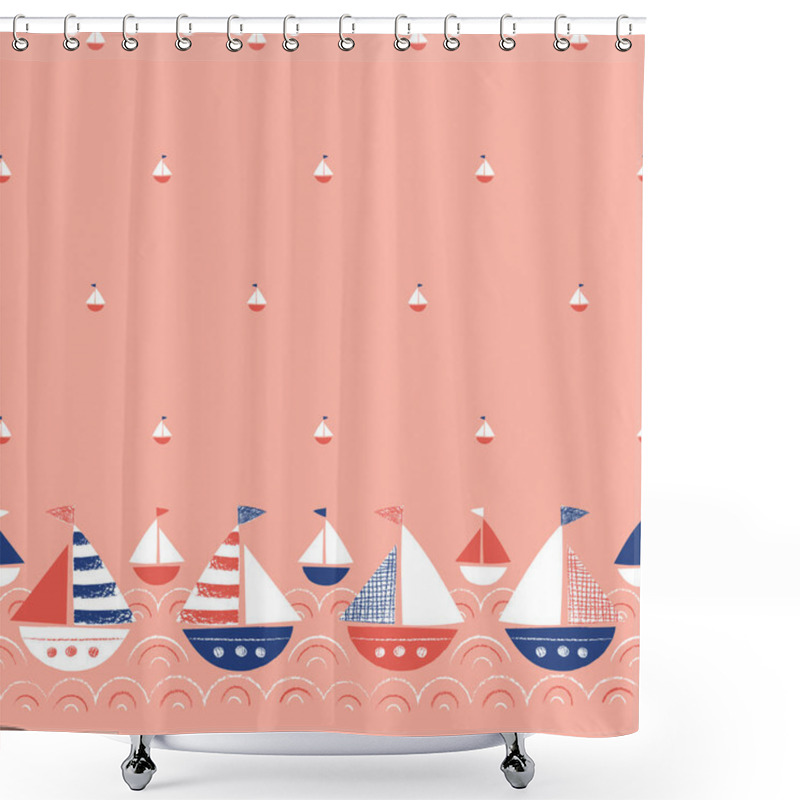 Personality  Whimsical Hand-Drawn With Crayons Ships In The Sea Vector Seamless Border And Pattern. Cute Nautical Marine Background Shower Curtains