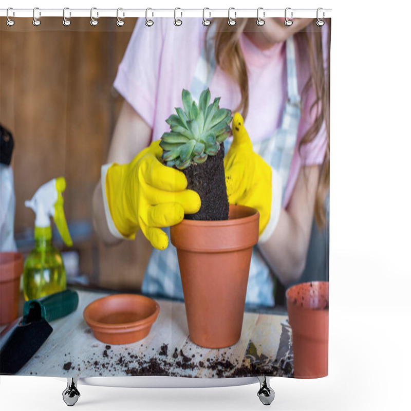 Personality  Woman Putting Plant In Flowerpot Shower Curtains