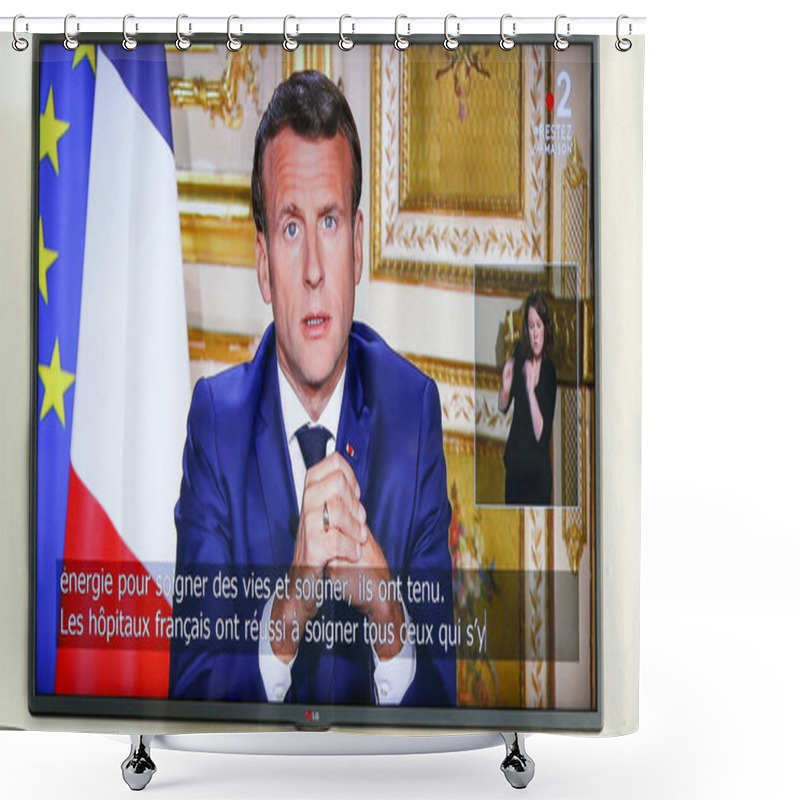 Personality  PARIS, FRANCE - APRIL 12, 2020. Emmanuel Macron, President, Talking Live At TV To French People, Announcing The Extension Of Lockdown Until May 11 To Contain Covid, And Plan To Use Vaccine, Test And Treatment Before Going Out. Shower Curtains