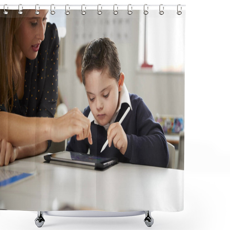 Personality  Young Female Teacher Working With A Down Syndrome Schoolboy Sitting At Desk Using A Tablet Computer In A Primary School Classroom, Front View, Close Up Shower Curtains