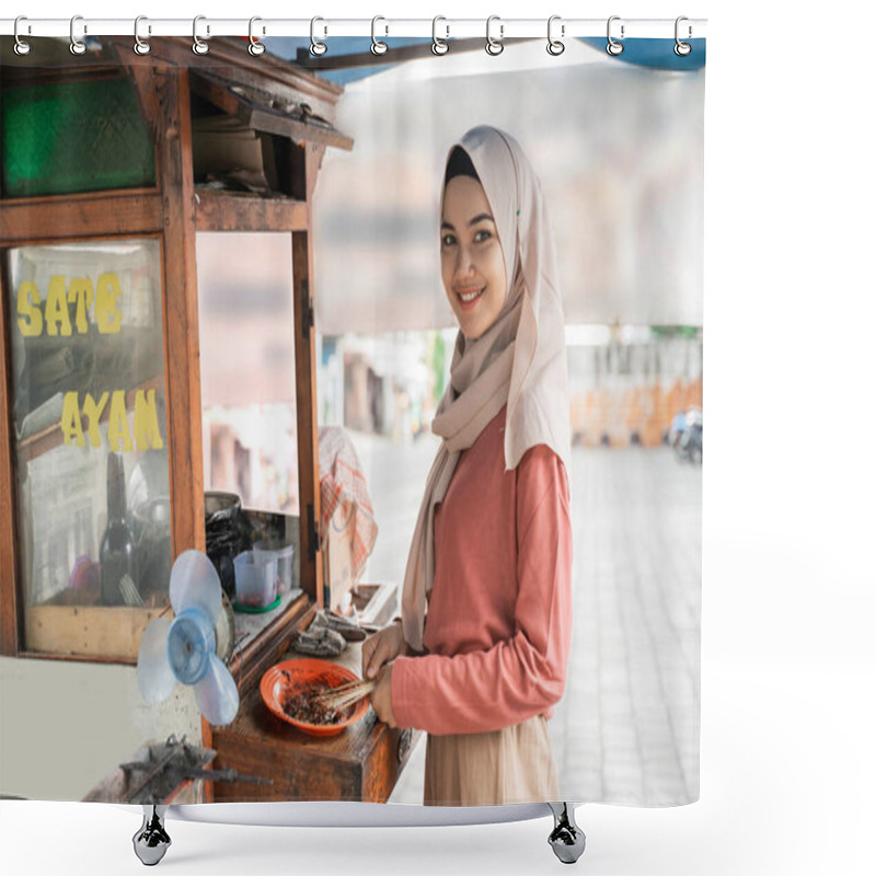 Personality  Street Food Seller With Walking Stall Of Indonesian Chicken Satay Cooking On A Hot Charcoal Grill Shower Curtains