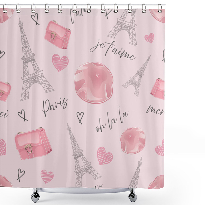 Personality  Lovely Pink Parisian Style Pattern With Words And Thematic Objects Shower Curtains