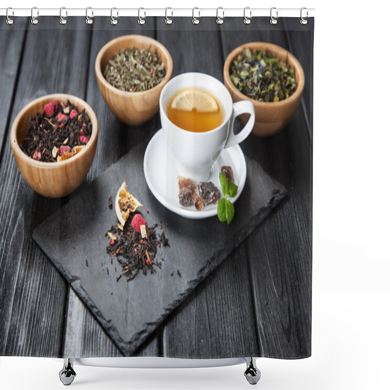 Personality  Cup Of Tea On Dark Background Shower Curtains