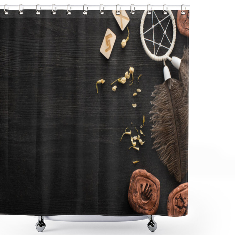 Personality  Top View Of Dreamcatcher, Runes And Dry Flowers On Black Wooden Background With Copy Space Shower Curtains