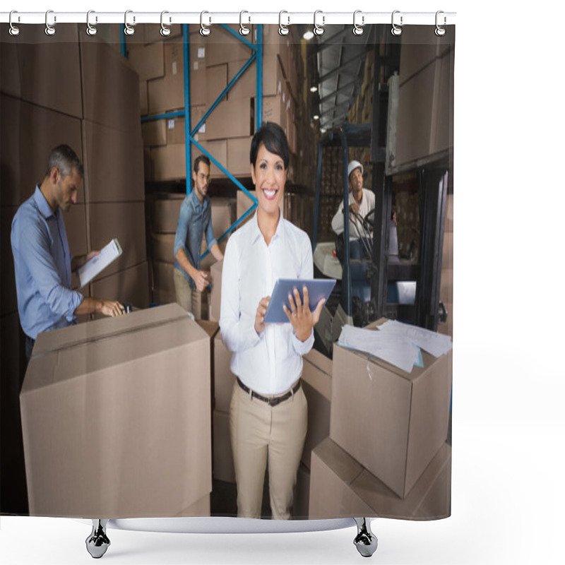 Personality  Warehouse Workers Preparing Shipment In Shower Curtains