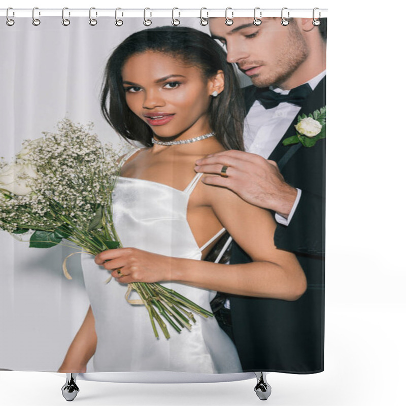 Personality  Beautiful African American Girl With Wedding Bouquet Looking At Camera While Bridegroom Touching Her Shoulder On White Background Shower Curtains