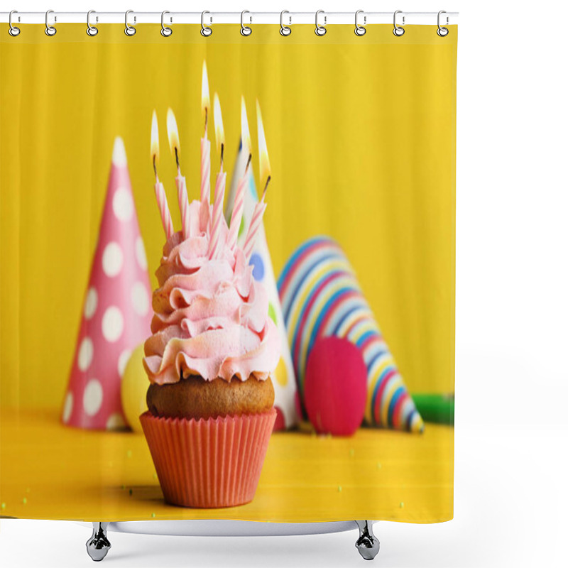 Personality  Cupcake With Candles And Paper Caps On Yellow Background Shower Curtains