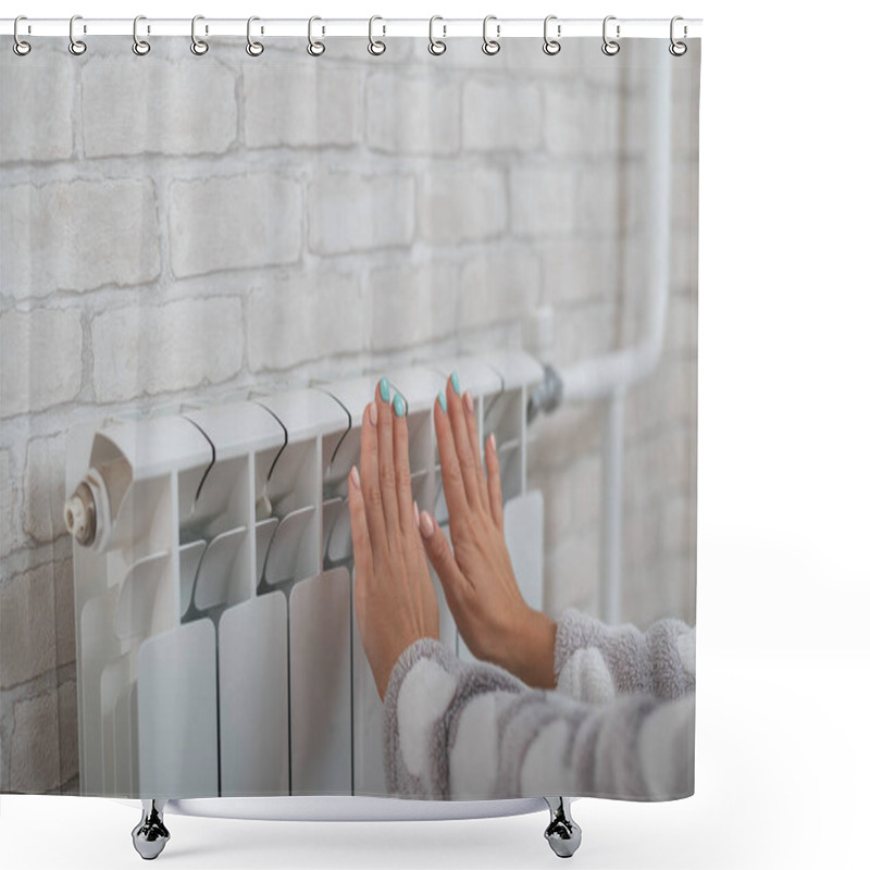 Personality  A Woman Wearing In Pajamas Warms Cold Hands On The Heating Radiator Shower Curtains