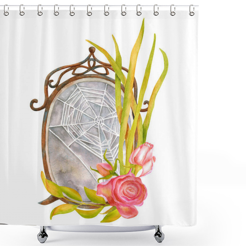 Personality  Watercolor Old Mirror With Spiderweb And Dried Flowers. Hand Drawn Autumn Vintage Composition Isolated On White Background. Gothic Style Arrangement For Cards, Decoration, Print. Shower Curtains