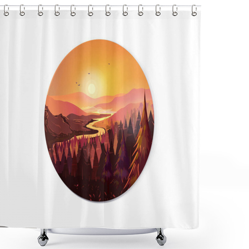 Personality  Sunrise In Beautiful Mountains With River And Forest. Vector Illustration For Your Design Shower Curtains