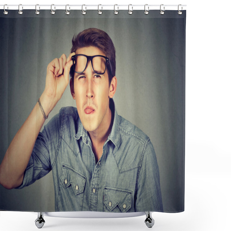 Personality  Funny Looking Skeptical Man In Glasses   Shower Curtains