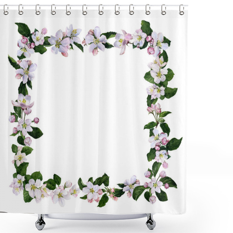 Personality  Frame Of Apple Flowers And Buds With Green Leaves Hand Painted In Watercolor Isolated On The White Background Shower Curtains