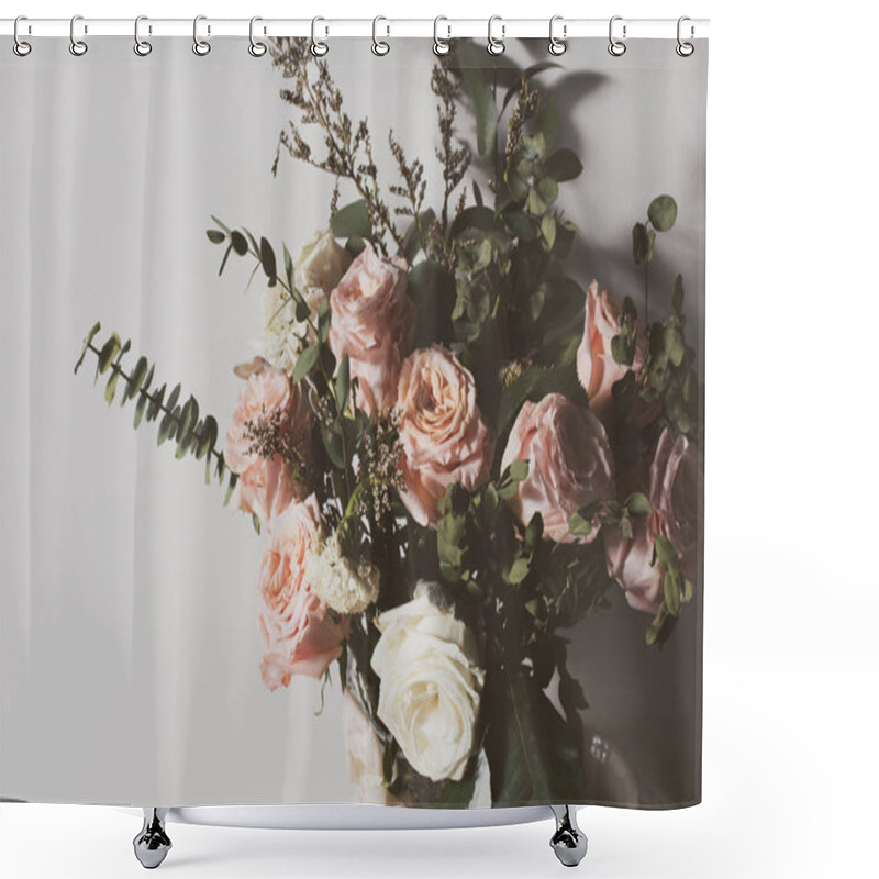 Personality  Vintage Aromatic Dried Rose Flower And Natural Leaf With White Wall In Valentine's Day Love Romantic Concept, Wedding Decoration Flora Tree Shower Curtains