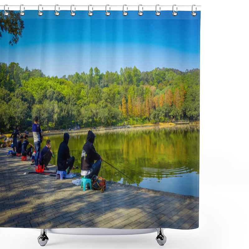 Personality  SHENZEN, CHINA - 29 JANUARY, 2017: Inside Lian Hua Shan Park, Large Recreational Area, People Sitting While Fishing In Water Lake Sorrounded By Trees, Beautiful Blue Sky, Shower Curtains