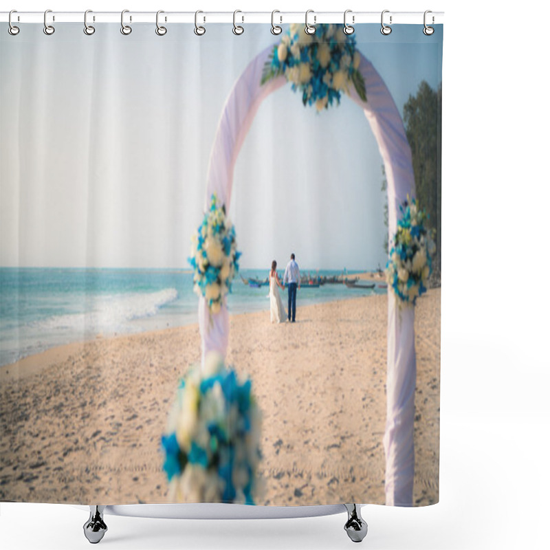 Personality  Young Beautiful Couple On The Wedding Arch Ceremony On The Beach With Ocean Views Shower Curtains